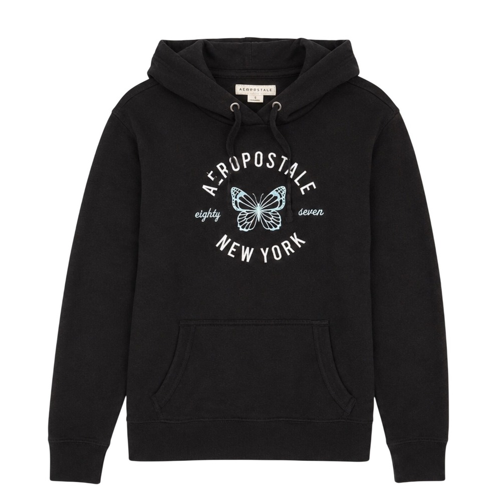 Aeropostale Womens Black Butterfly New York Graphic Hoodie Sweatshirt Small